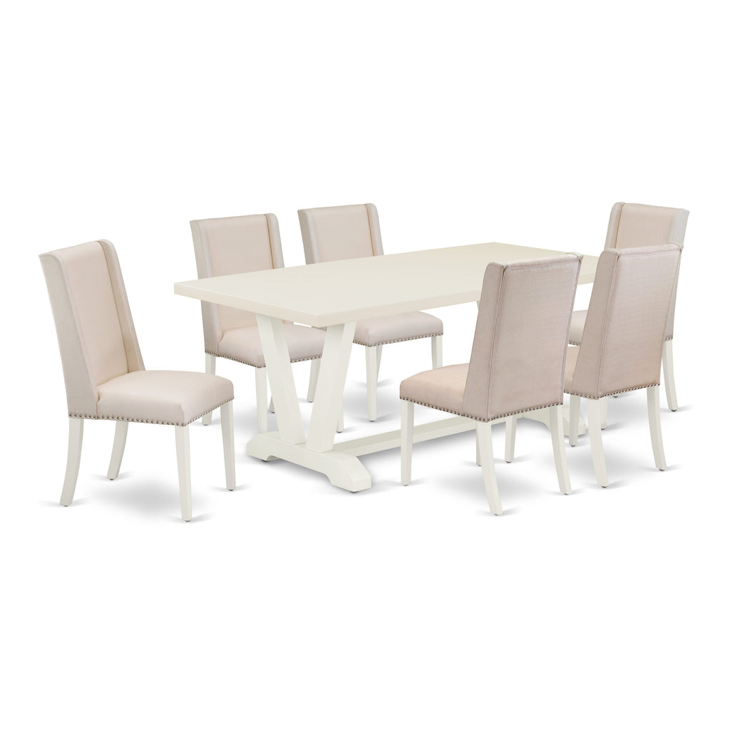 East West Furniture V027FL201-7 7 Piece Dining Table Set Consist of a Rectangle Kitchen Table with V-Legs and 6 Cream Linen Fabric Parson Dining Room Chairs