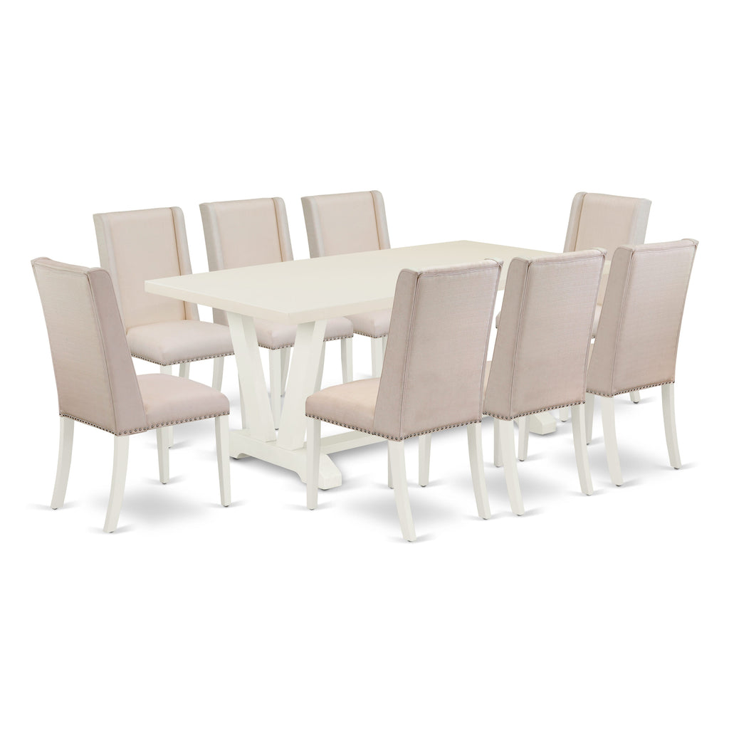 East West Furniture V027FL201-9 9 Piece Dining Room Table Set Includes a Rectangle Dining Table with V-Legs and 8 Cream Linen Fabric Upholstered Parson Chairs