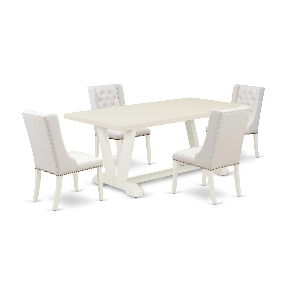 East West Furniture V027FO244-5 5 Piece Modern Dining Table Set Includes a Rectangle Wooden Table with V-Legs and 4 Light grey Faux Leather Parson Dining Chairs