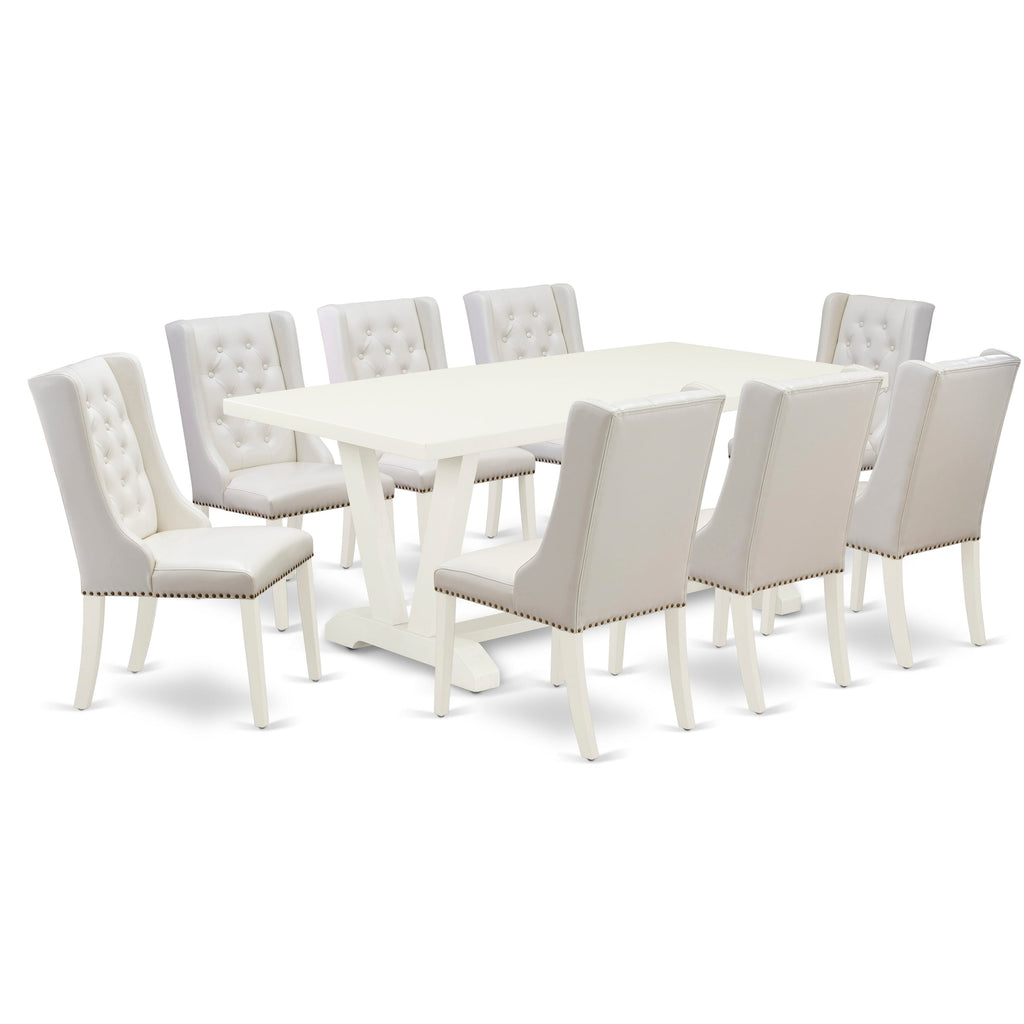 East West Furniture V027FO244-9 9 Piece Dining Set Includes a Rectangle Dining Room Table with V-Legs and 8 Light grey Faux Leather Upholstered Chairs