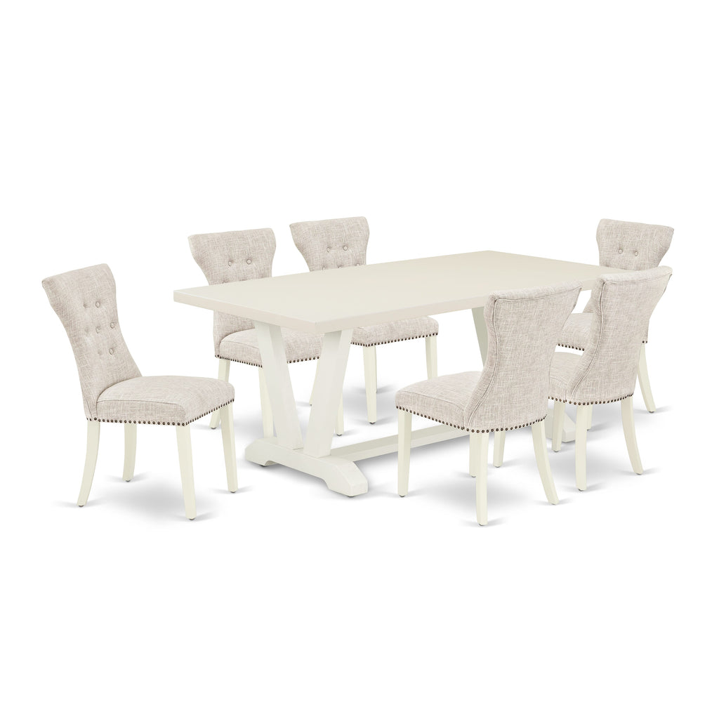 East West Furniture V027GA235-7 7 Piece Dining Table Set Consist of a Rectangle Dining Room Table with V-Legs and 6 Doeskin Linen Fabric Upholstered Chairs