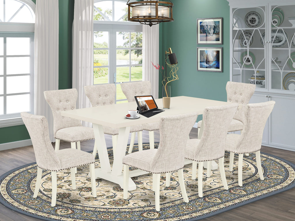 East West Furniture V027GA235-9 9 Piece Dining Table Set Includes a Rectangle Dining Room Table with V-Legs and 8 Doeskin Linen Fabric Upholstered Chairs