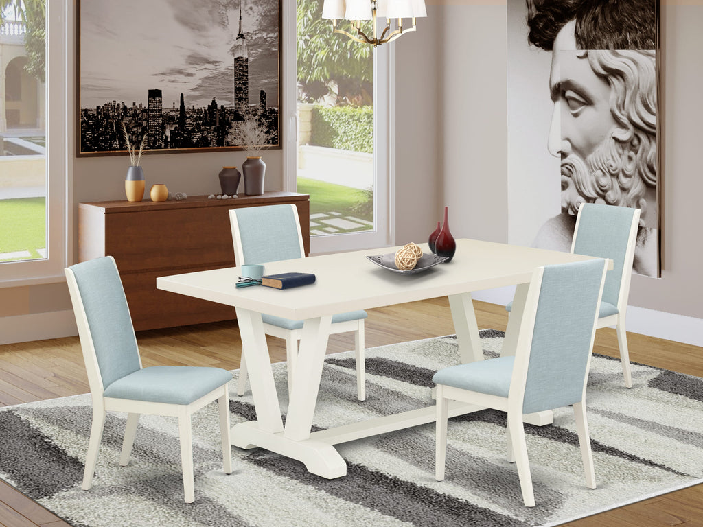 East West Furniture V027LA015-5 5 Piece Dining Room Table Set Includes a Rectangle Kitchen Table with V-Legs and 4 Baby Blue Linen Fabric Parson Dining Chairs