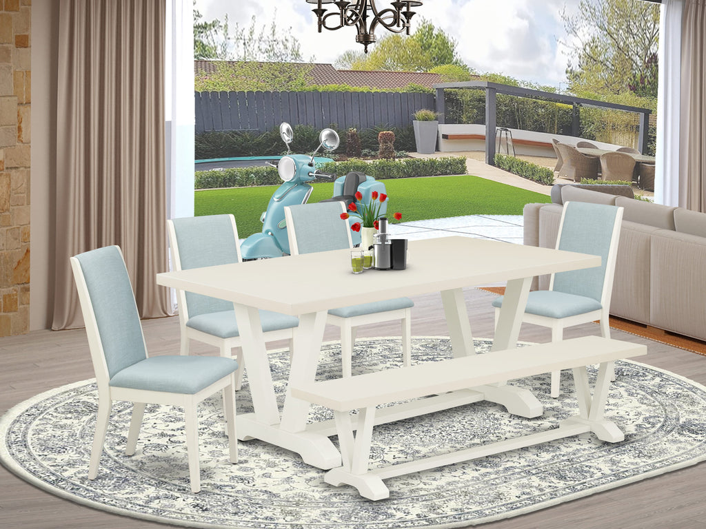 East West Furniture V027LA015-6 6 Piece Dining Room Set Contains a Rectangle Dining Table with V-Legs and 4 Baby Blue Linen Fabric Parson Chairs with a Bench