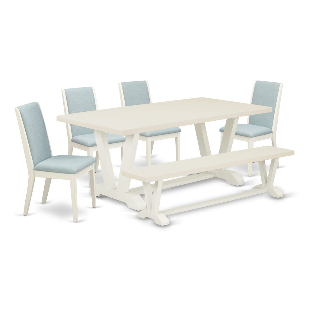 East West Furniture V027LA015-6 6 Piece Dining Room Set Contains a Rectangle Dining Table with V-Legs and 4 Baby Blue Linen Fabric Parson Chairs with a Bench