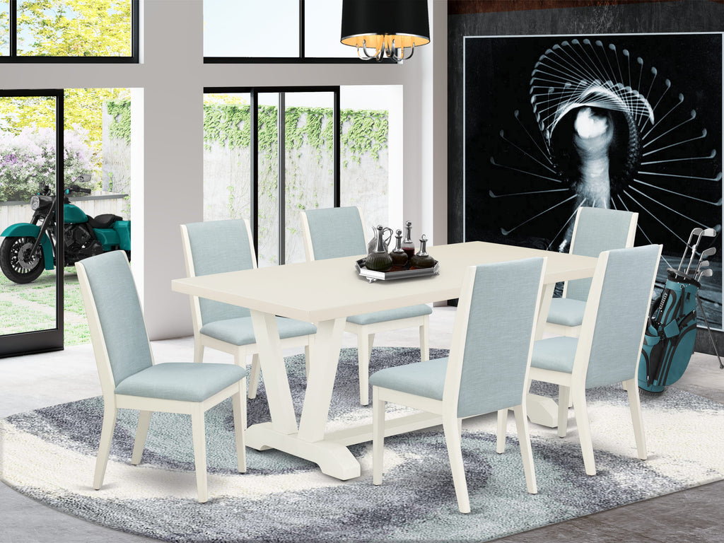 East West Furniture V027LA015-7 7 Piece Dining Table Set Consist of a Rectangle Dining Room Table with V-Legs and 6 Baby Blue Linen Fabric Parsons Chairs