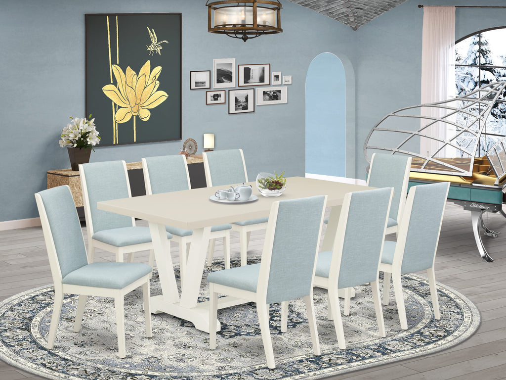 East West Furniture V027LA015-9 9 Piece Dining Set Includes a Rectangle Dining Room Table with V-Legs and 8 Baby Blue Linen Fabric Upholstered Parson Chairs