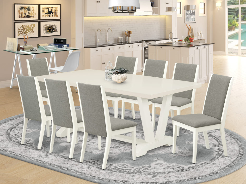 East West Furniture V027LA206-9 9 Piece Dining Room Table Set Includes a Rectangle Kitchen Table with V-Legs and 8 Shitake Linen Fabric Parson Dining Chairs