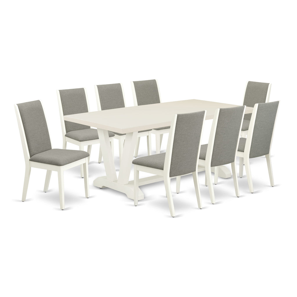 East West Furniture V027LA206-9 9 Piece Dining Room Table Set Includes a Rectangle Kitchen Table with V-Legs and 8 Shitake Linen Fabric Parson Dining Chairs