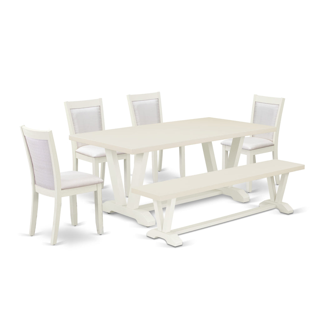 East West Furniture V027MZ001-6 6 Piece Dining Set Contains a Rectangle Dining Room Table with V-Legs and 4 Cream Linen Fabric Upholstered Chairs with a Bench