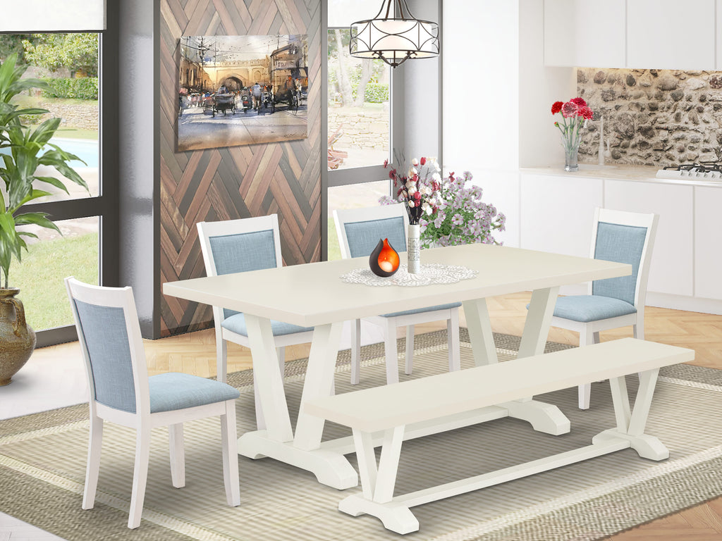 East West Furniture V027MZ015-6 6 Piece Dining Table Set Contains a Rectangle Dining Room Table and 4 Baby Blue Linen Fabric Parson Chairs with a Bench