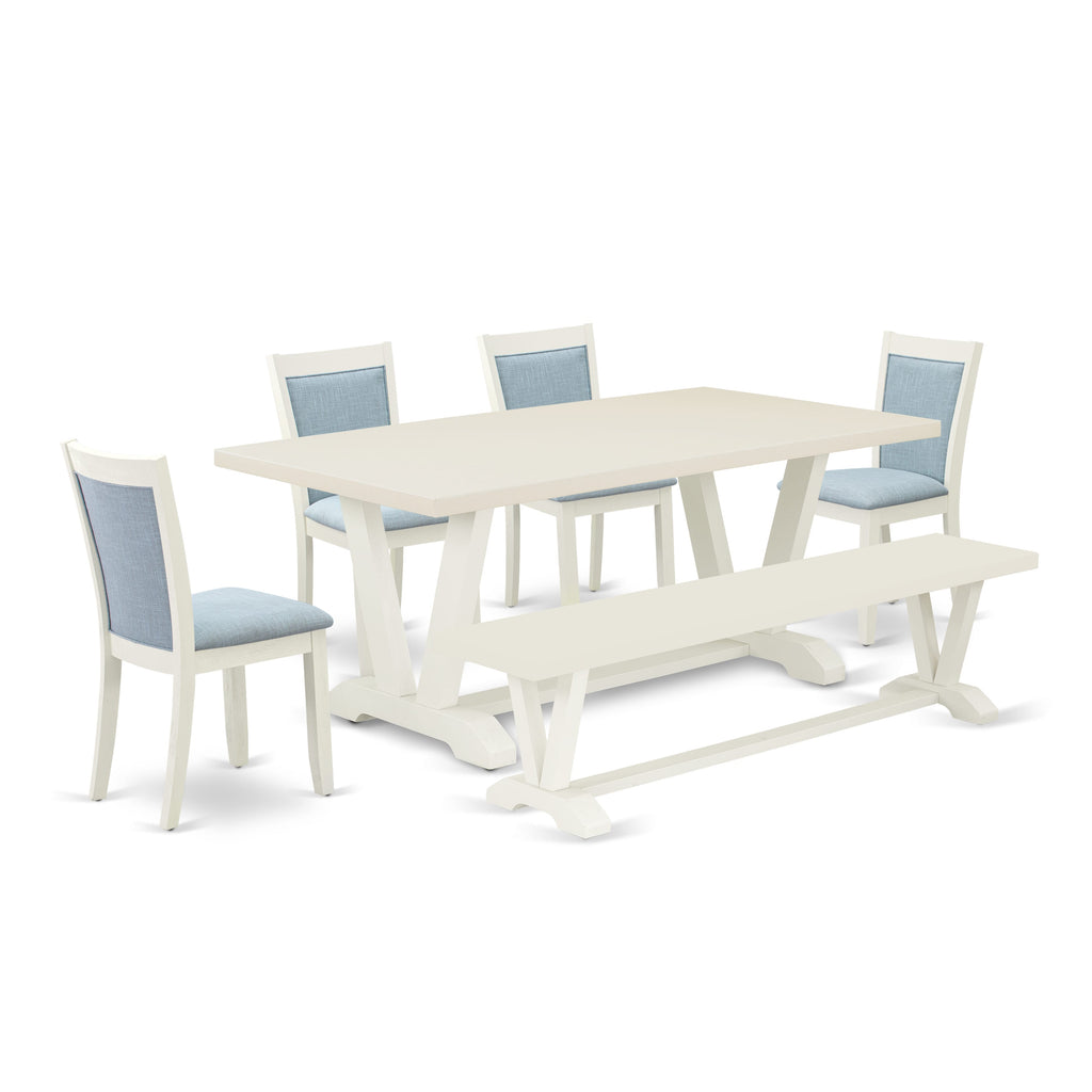 East West Furniture V027MZ015-6 6 Piece Dining Table Set Contains a Rectangle Dining Room Table and 4 Baby Blue Linen Fabric Parson Chairs with a Bench