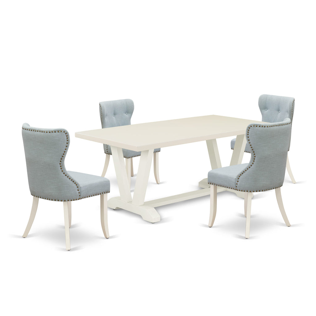 East West Furniture V027SI215-5 5 Piece Dining Table Set for 4 Includes a Rectangle Kitchen Table with V-Legs and 4 Baby Blue Linen Fabric Upholstered Chairs