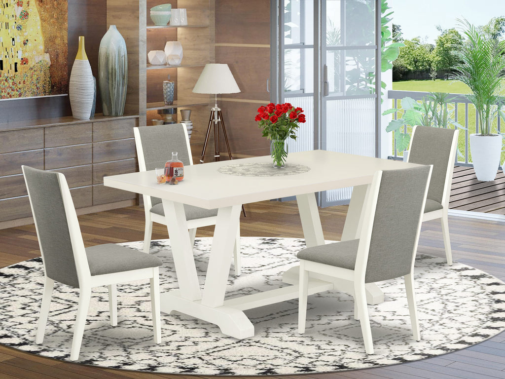 East West Furniture V027SI215-6 6 Piece Dining Set Contains a Rectangle Dining Room Table with V-Legs and 4 Baby Blue Linen Fabric Parson Chairs with a Bench