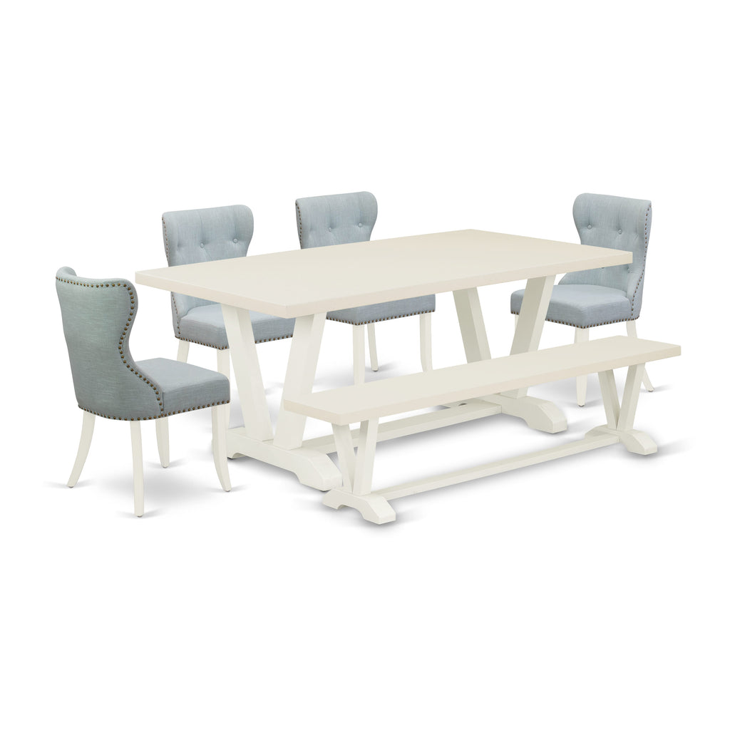 East West Furniture V027SI215-6 6 Piece Dining Set Contains a Rectangle Dining Room Table with V-Legs and 4 Baby Blue Linen Fabric Parson Chairs with a Bench