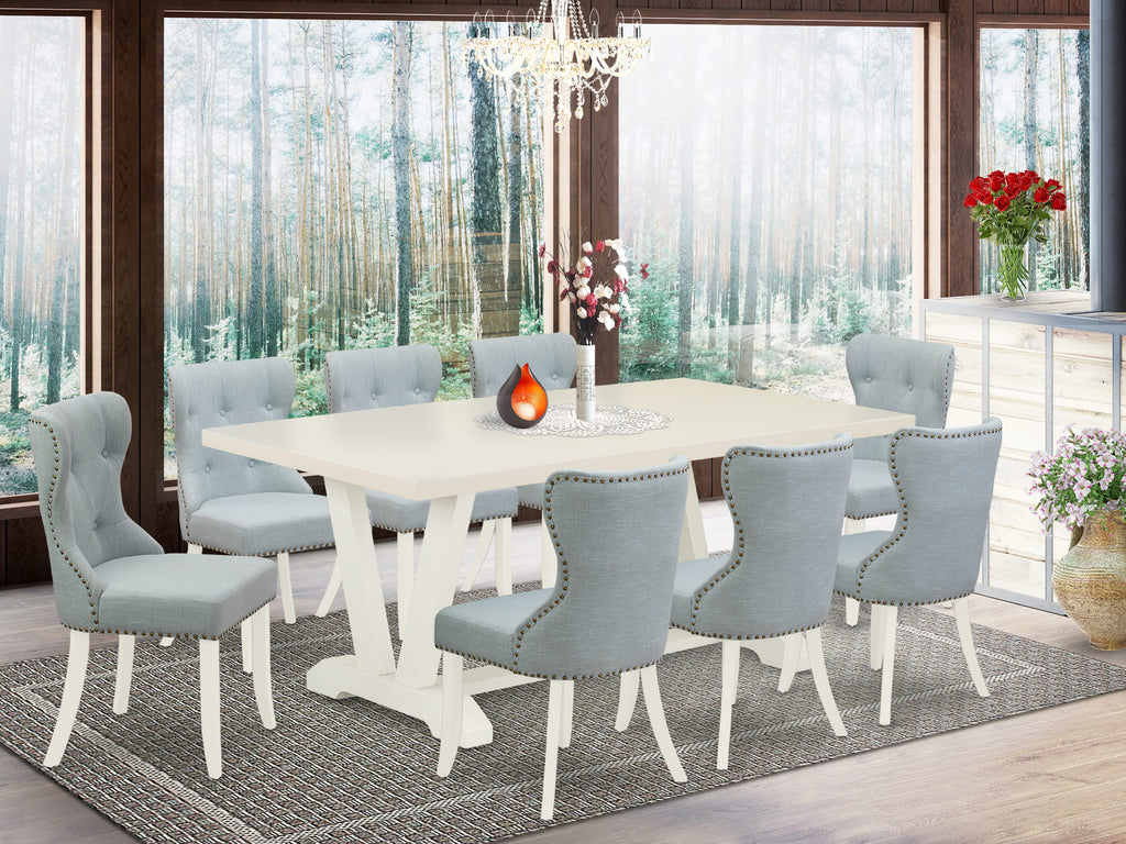 East West Furniture V027SI215-9 9 Piece Kitchen Table Set Includes a Rectangle Dining Table with V-Legs and 8 Baby Blue Linen Fabric Parson Dining Room Chairs