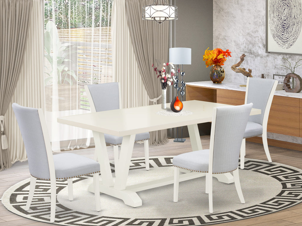 East West Furniture V027VE005-5 5 Piece Dinette Set for 4 Includes a Rectangle Dining Room Table with V-Legs and 4 Grey Linen Fabric Upholstered Parson Chairs