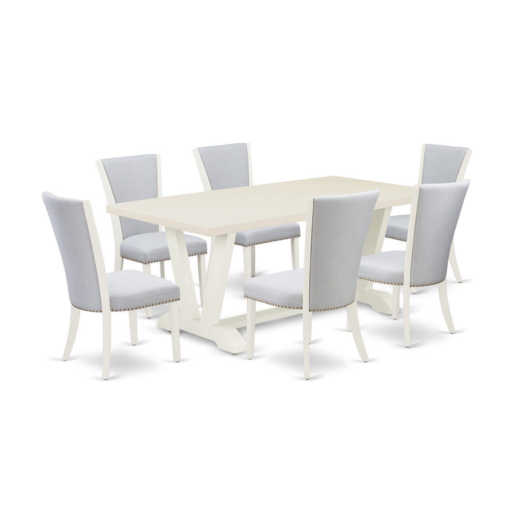 East West Furniture V027VE005-7 7 Piece Dining Set Consist of a Rectangle Dining Room Table with V-Legs and 6 Grey Linen Fabric Upholstered Parson Chairs