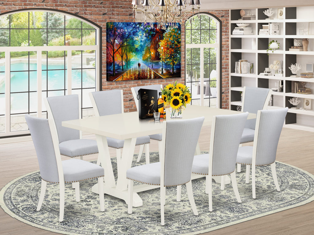 East West Furniture V027VE005-9 9 Piece Kitchen Table Set Includes a Rectangle Dining Table with V-Legs and 8 Grey Linen Fabric Parsons Dining Chairs