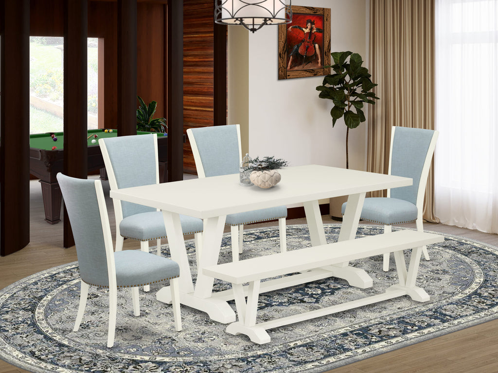 East West Furniture V027VE215-6 6 Piece Dining Set Contains a Rectangle Dining Room Table with V-Legs and 4 Baby Blue Linen Fabric Upholstered Chairs with a Bench