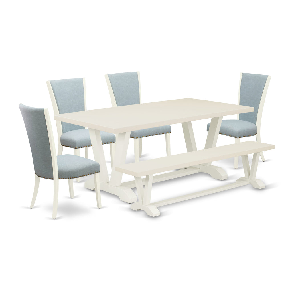 East West Furniture V027VE215-6 6 Piece Dining Set Contains a Rectangle Dining Room Table with V-Legs and 4 Baby Blue Linen Fabric Upholstered Chairs with a Bench