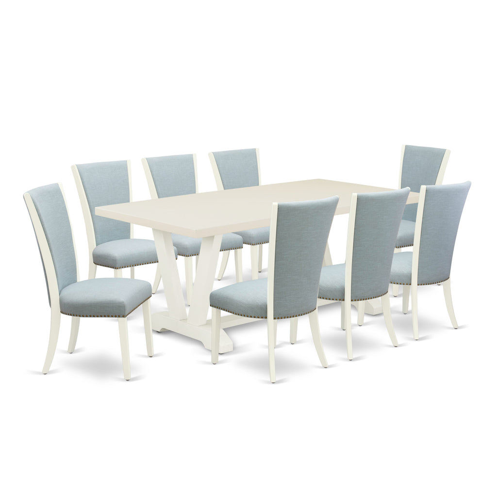 East West Furniture V027VE215-9 9 Piece Dining Room Set Includes a Rectangle Kitchen Table with V-Legs and 8 Baby Blue Linen Fabric Parsons Dining Chairs