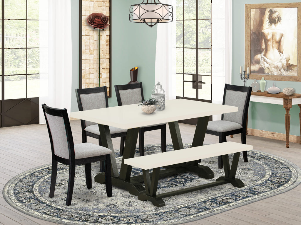 East West Furniture V626MZ606-6 6 Piece Kitchen Table Set Contains a Rectangle Dining Table with V-Legs and 4 Shitake Linen Fabric Parson Chairs with a Bench