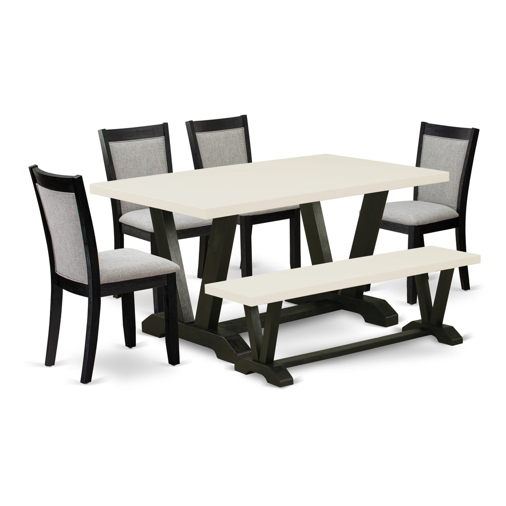 East West Furniture V626MZ606-6 6 Piece Kitchen Table Set Contains a Rectangle Dining Table with V-Legs and 4 Shitake Linen Fabric Parson Chairs with a Bench