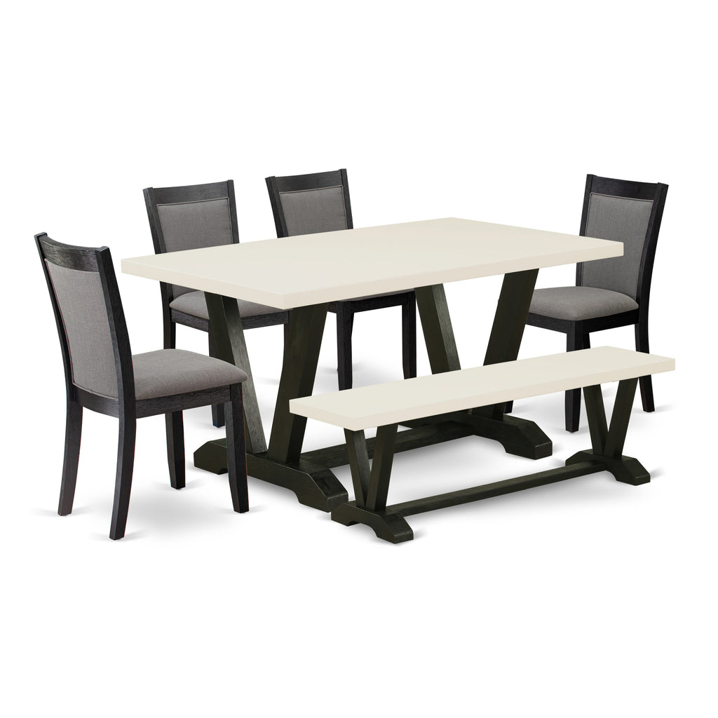 East West Furniture V626MZ650-6 6 Piece Kitchen Table Set Contains a Rectangle Dining Table and 4 Dark Gotham Grey Linen Fabric Parson Chairs with a Bench