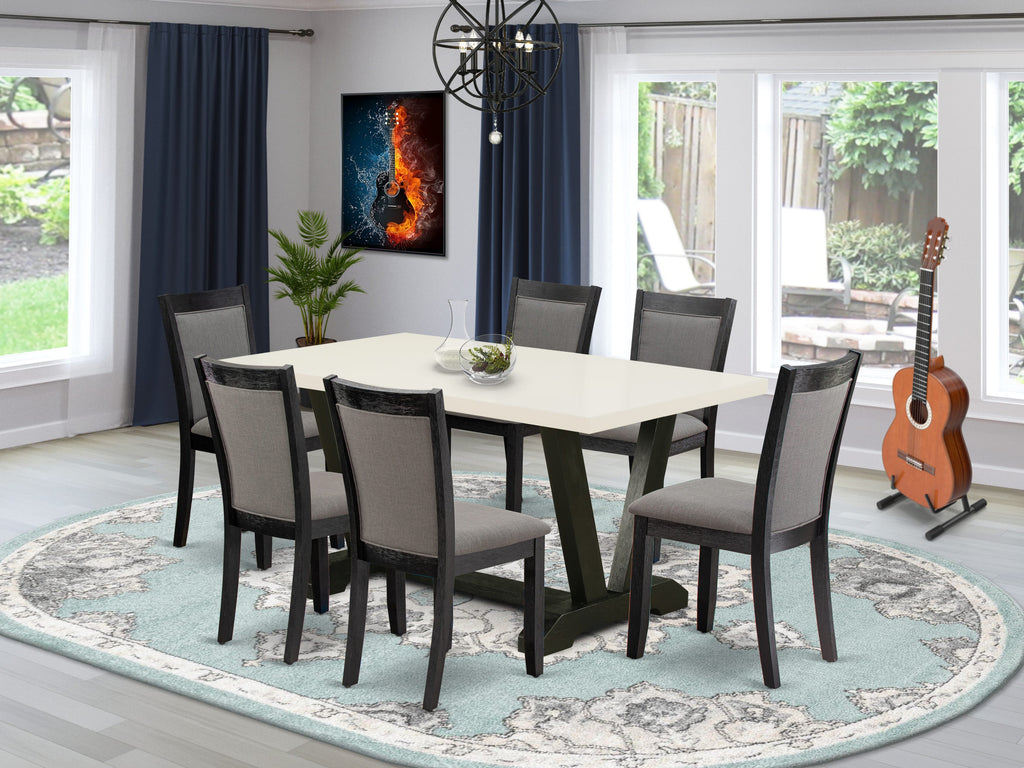 East West Furniture V626MZ650-7 7 Piece Dinette Set Consist of a Rectangle Dining Room Table with V-Legs and 6 Dark Gotham Grey Linen Fabric Parsons Dining Chairs