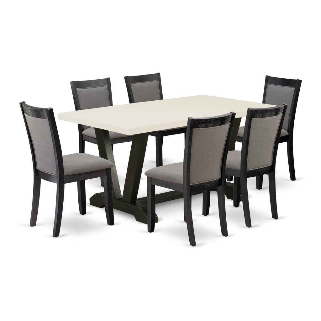 East West Furniture V626MZ650-7 7 Piece Dinette Set Consist of a Rectangle Dining Room Table with V-Legs and 6 Dark Gotham Grey Linen Fabric Parsons Dining Chairs