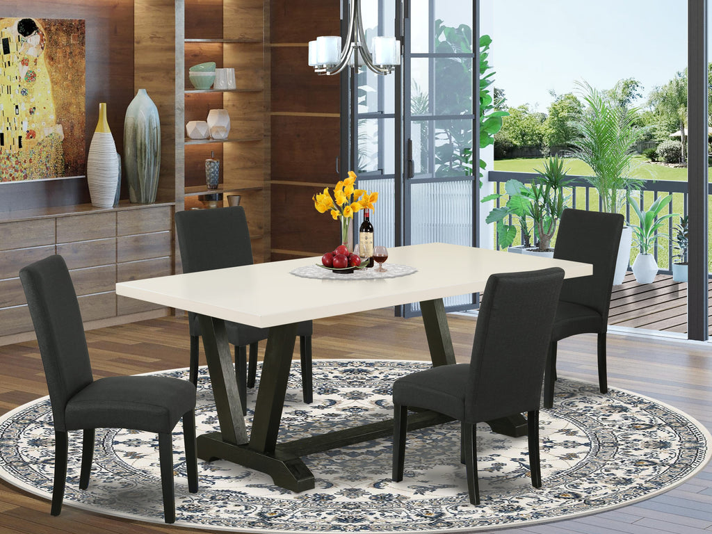 East West Furniture V627DR124-5 5 Piece Dining Room Table Set Includes a Rectangle Kitchen Table with V-Legs and 4 Black Color Linen Fabric Parson Dining Chairs