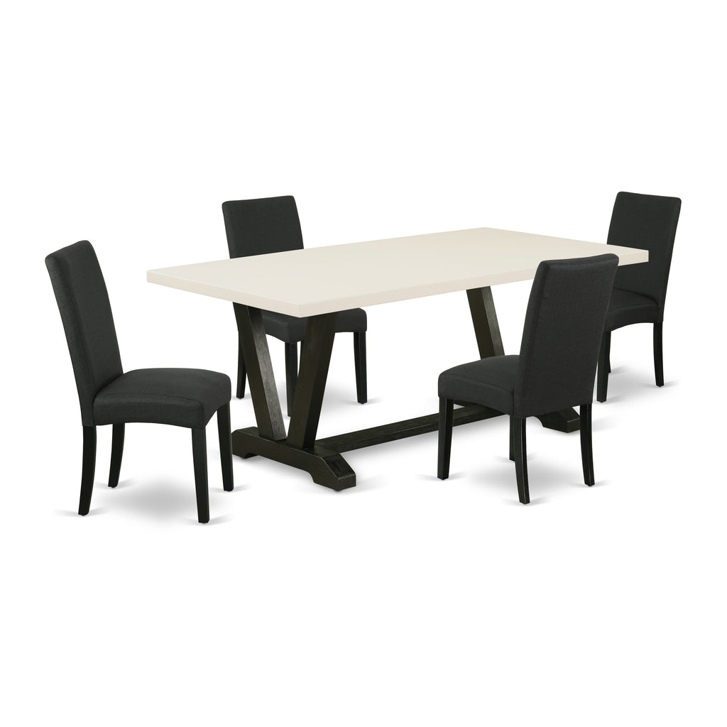 East West Furniture V627DR124-5 5 Piece Dining Room Table Set Includes a Rectangle Kitchen Table with V-Legs and 4 Black Color Linen Fabric Parson Dining Chairs