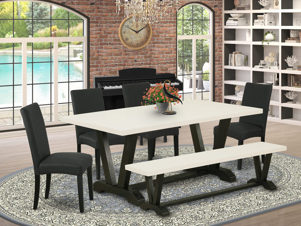 East West Furniture V627DR124-6 6 Piece Dinette Set Contains a Rectangle Dining Table with V-Legs and 4 Black Color Linen Fabric Parson Chairs with a Bench