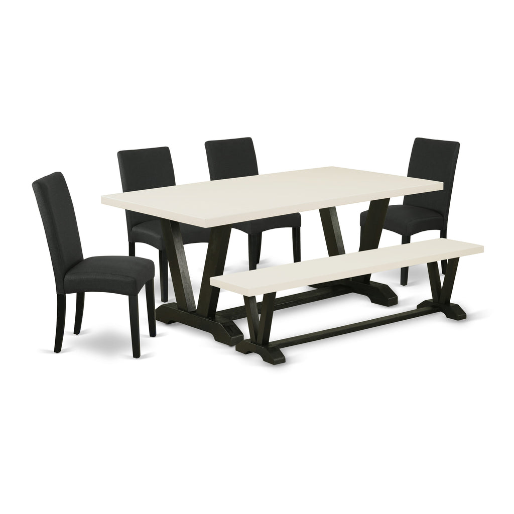 East West Furniture V627DR124-6 6 Piece Dinette Set Contains a Rectangle Dining Table with V-Legs and 4 Black Color Linen Fabric Parson Chairs with a Bench