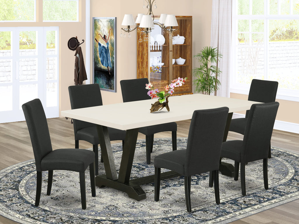 East West Furniture V627DR124-7 7 Piece Modern Dining Table Set Consist of a Rectangle Wooden Table with V-Legs and 6 Black Color Linen Fabric Parsons Dining Chairs