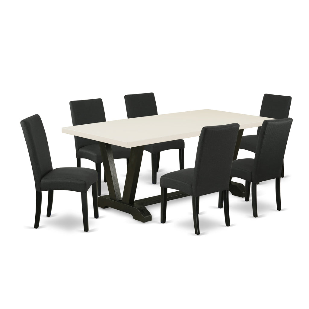 East West Furniture V627DR124-7 7 Piece Modern Dining Table Set Consist of a Rectangle Wooden Table with V-Legs and 6 Black Color Linen Fabric Parsons Dining Chairs