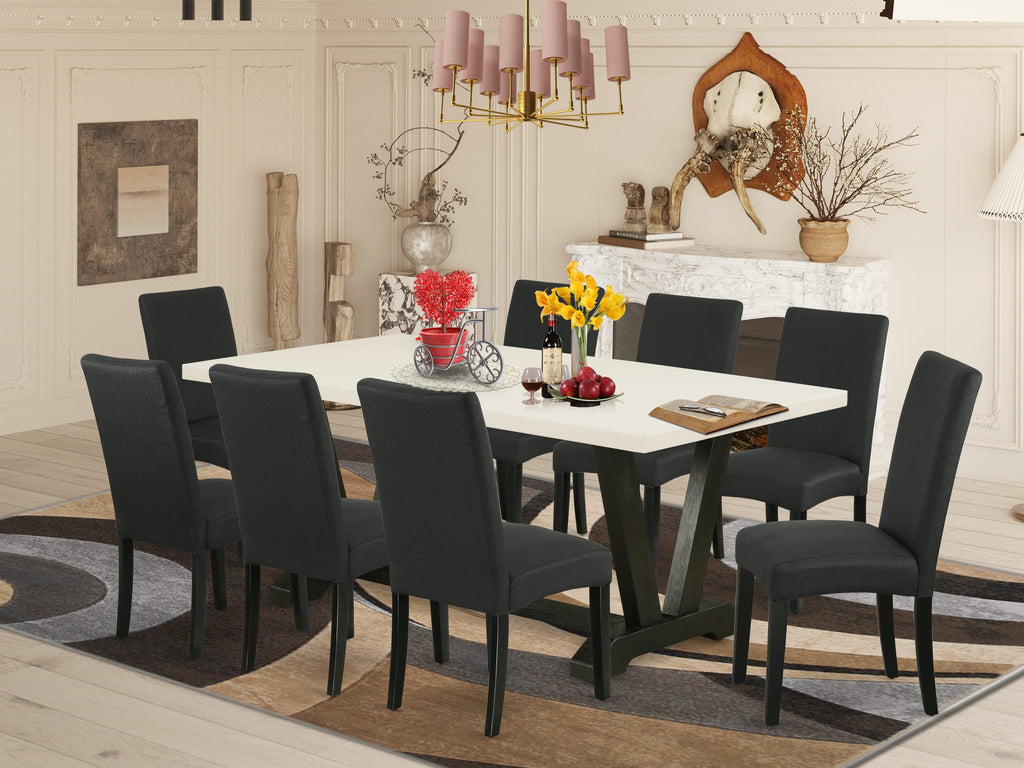 East West Furniture V627DR124-9 9 Piece Dining Set Includes a Rectangle Dining Room Table with V-Legs and 8 Black Color Linen Fabric Upholstered Parson Chairs