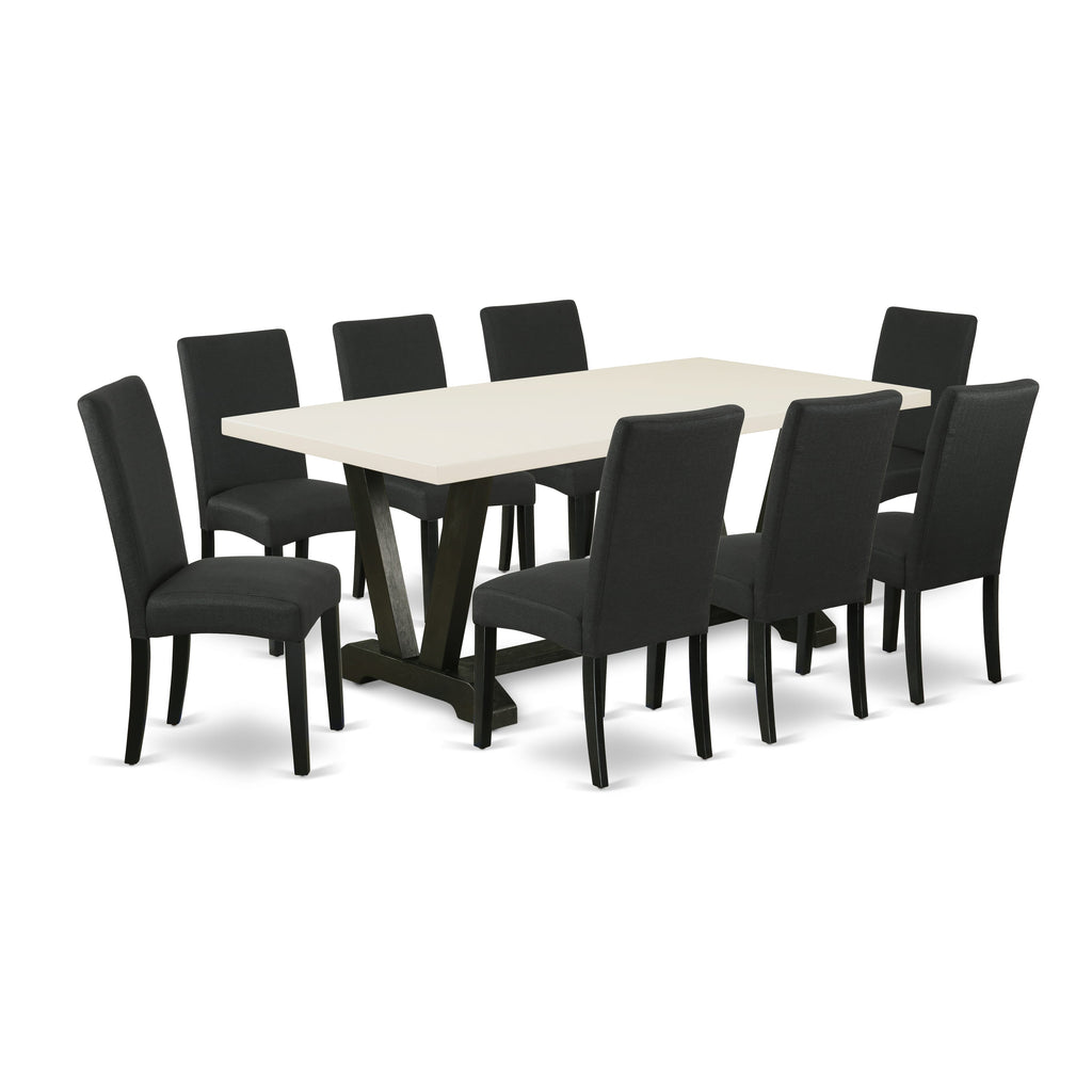 East West Furniture V627DR124-9 9 Piece Dining Set Includes a Rectangle Dining Room Table with V-Legs and 8 Black Color Linen Fabric Upholstered Parson Chairs