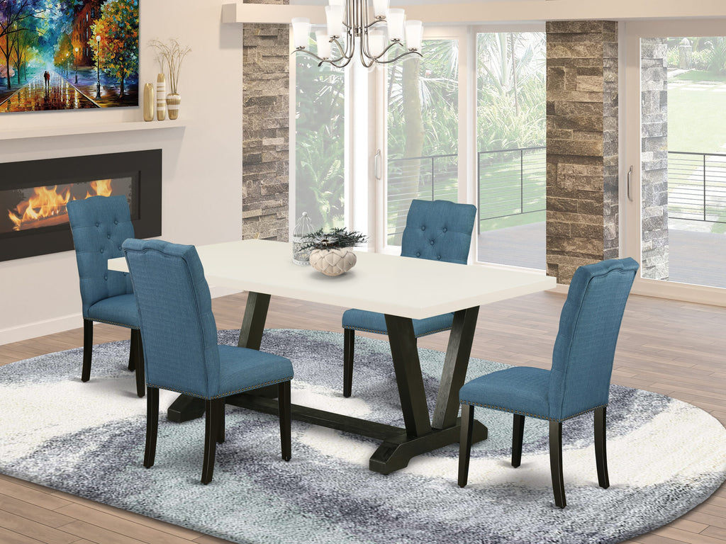 East West Furniture V627EL121-5 5 Piece Kitchen Table Set for 4 Includes a Rectangle Dining Room Table with V-Legs and 4 Blue Linen Fabric Upholstered Chairs