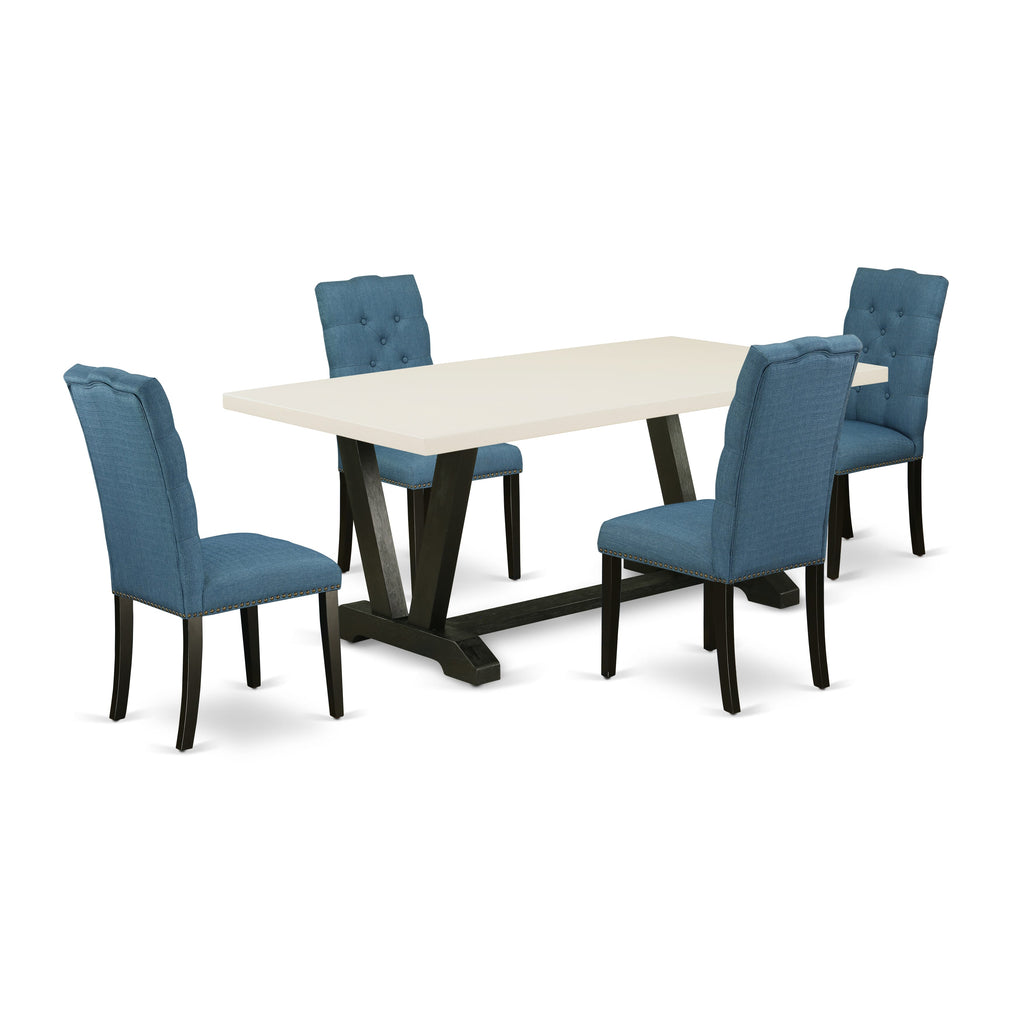 East West Furniture V627EL121-5 5 Piece Kitchen Table Set for 4 Includes a Rectangle Dining Room Table with V-Legs and 4 Blue Linen Fabric Upholstered Chairs