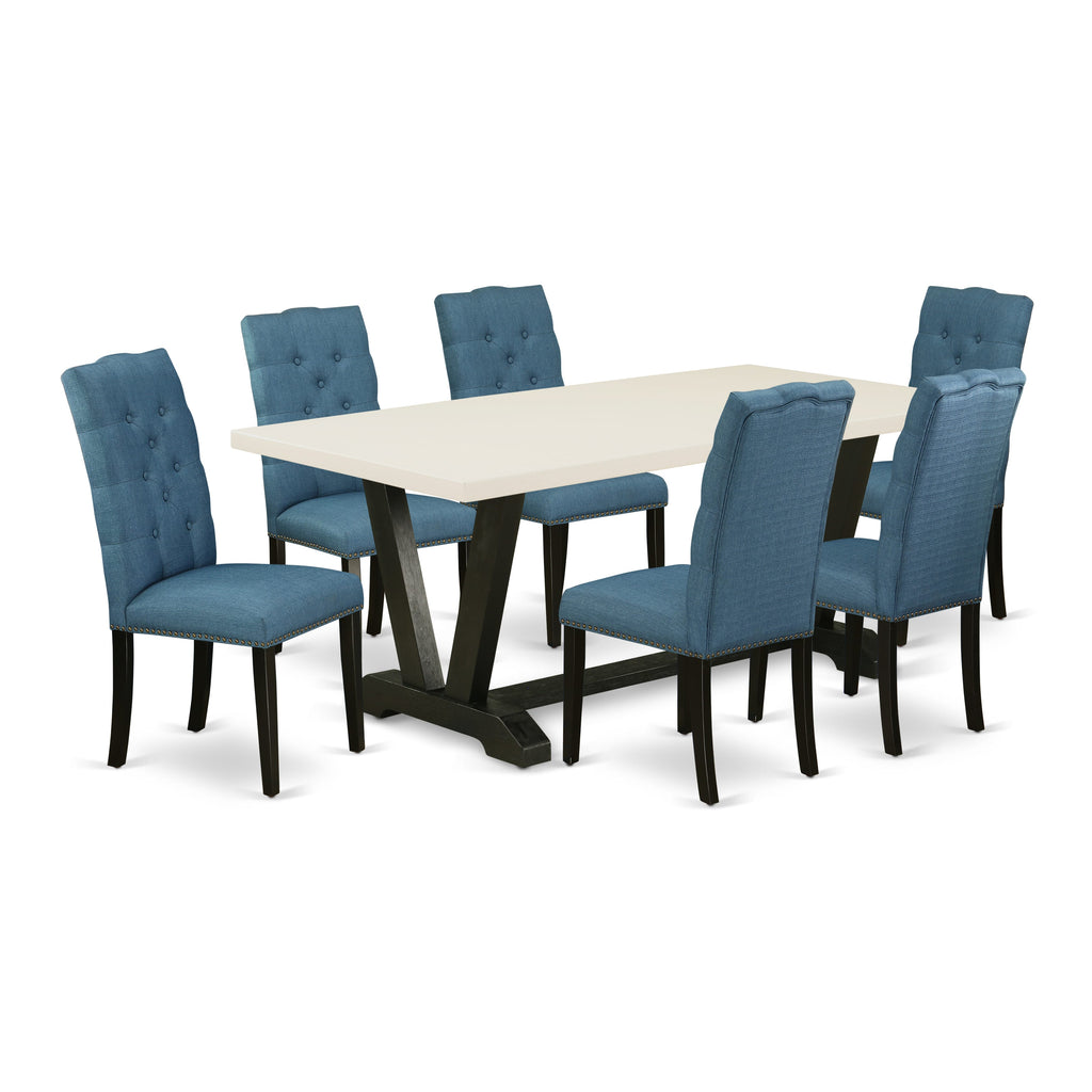 East West Furniture V627EL121-7 7 Piece Modern Dining Table Set Consist of a Rectangle Wooden Table with V-Legs and 6 Blue Linen Fabric Upholstered Chairs