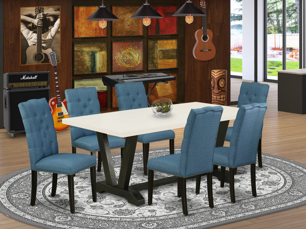 East West Furniture V627EL121-7 7 Piece Modern Dining Table Set Consist of a Rectangle Wooden Table with V-Legs and 6 Blue Linen Fabric Upholstered Chairs