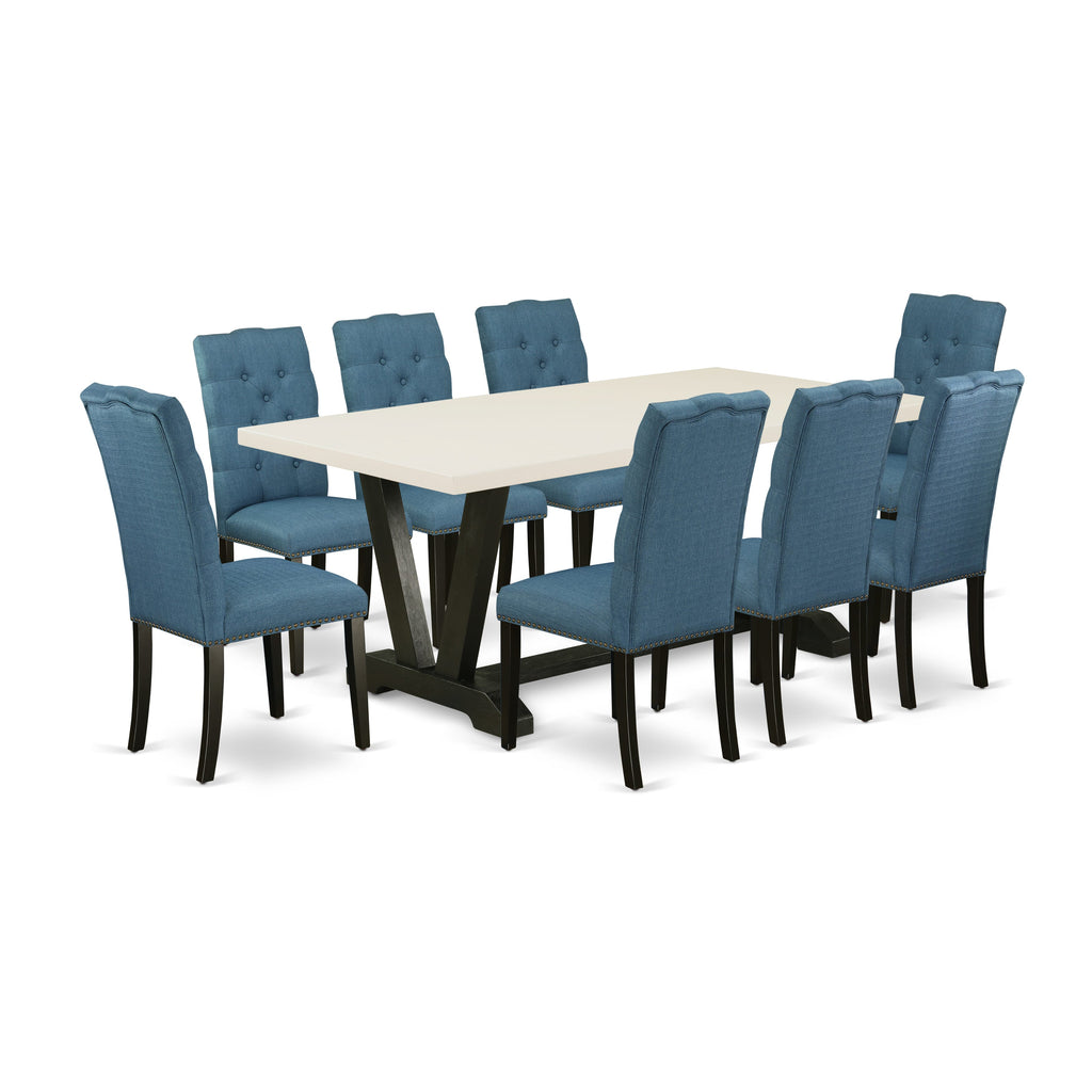 East West Furniture V627EL121-9 9 Piece Dining Table Set Includes a Rectangle Dining Room Table with V-Legs and 8 Blue Linen Fabric Upholstered Parson Chairs