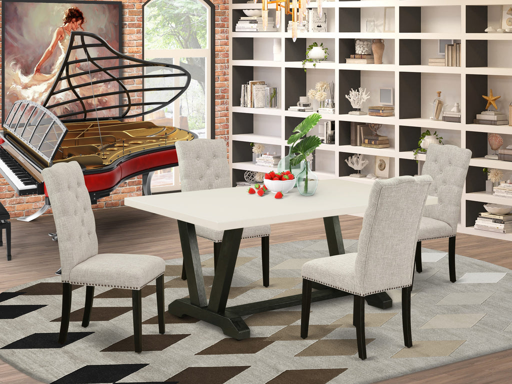 East West Furniture V627EL635-5 5 Piece Dining Table Set for 4 Includes a Rectangle Kitchen Table with V-Legs and 4 Doeskin Linen Fabric Parson Dining Chairs