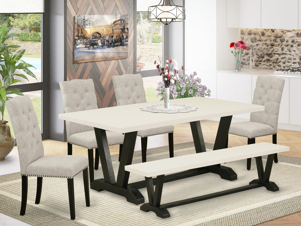 East West Furniture V627EL635-6 6 Piece Dining Table Set Contains a Rectangle Dining Room Table with V-Legs and 4 Doeskin Linen Fabric Parson Chairs with a Bench