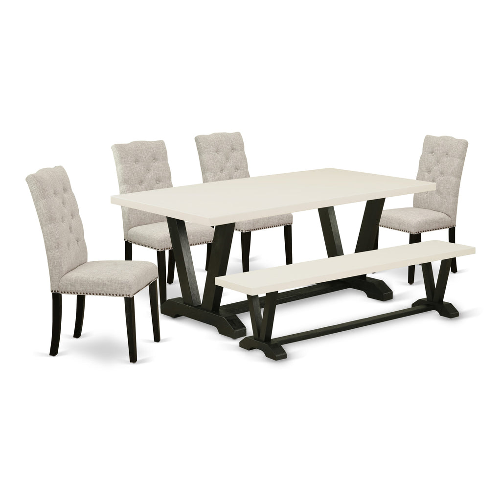 East West Furniture V627EL635-6 6 Piece Dining Table Set Contains a Rectangle Dining Room Table with V-Legs and 4 Doeskin Linen Fabric Parson Chairs with a Bench