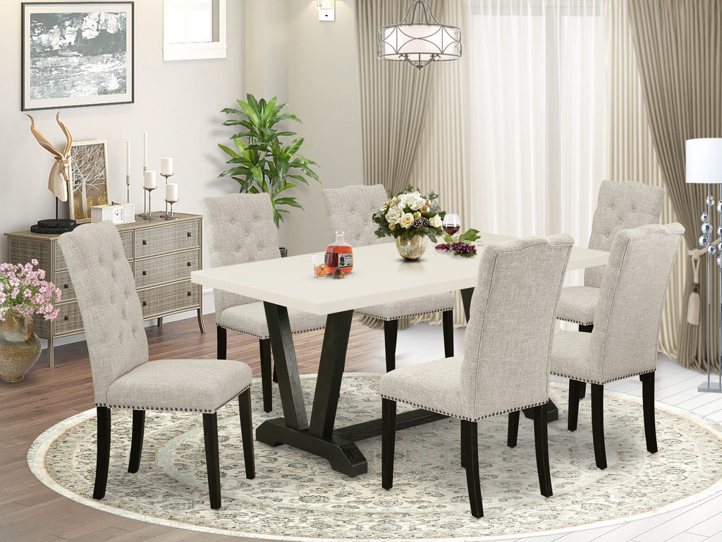 East West Furniture V627EL635-7 7 Piece Kitchen Table Set Consist of a Rectangle Dining Table with V-Legs and 6 Doeskin Linen Fabric Parson Dining Room Chairs