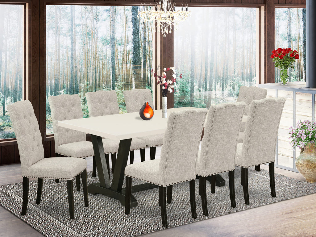 East West Furniture V627EL635-9 9 Piece Dining Table Set Includes a Rectangle Kitchen Table with V-Legs and 8 Doeskin Linen Fabric Parson Dining Room Chairs