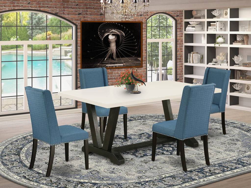 East West Furniture V627FL121-5 5 Piece Dining Table Set for 4 Includes a Rectangle Kitchen Table with V-Legs and 4 Blue Linen Fabric Upholstered Chairs